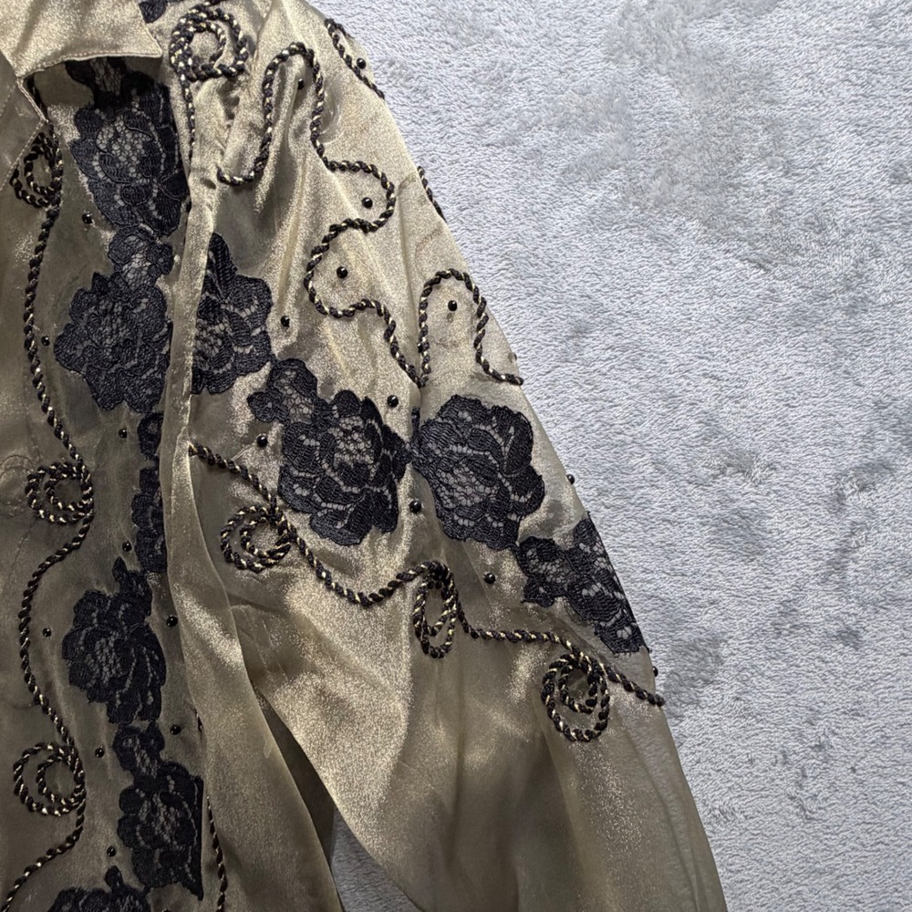 Marshall Rousso Blouse Womens S Gold Sheer Mesh Floral Lace Beaded Button Front - Picture 5 of 10